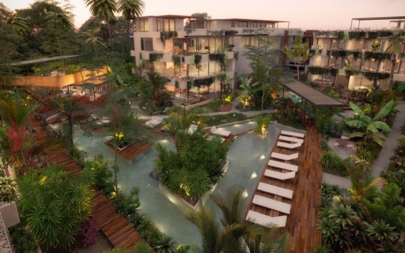 Condo with private pool, lock off, heated pool, gym and yoga area, coffee shop, in Aldea Zama for sale.