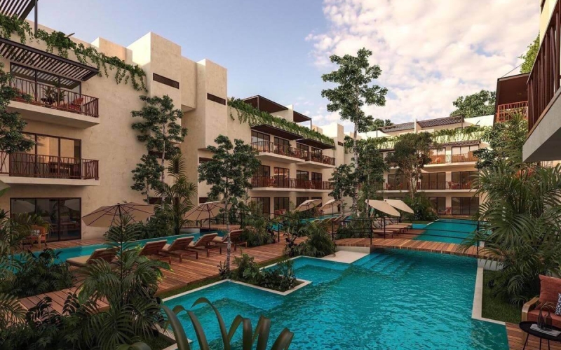 Green view condo, gym, business center, yoga and gym area, hammock garden, green areas in Aldea Zama Tulum, for sale.