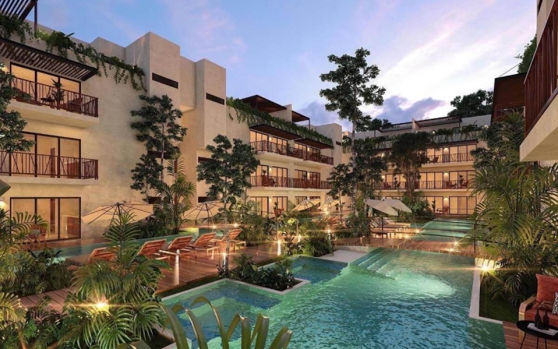 Penthouse green views,private terrace, gym, business center, yoga and gym area, with green areas, hammock garden, in Aldea Zama Tulum, for sale.