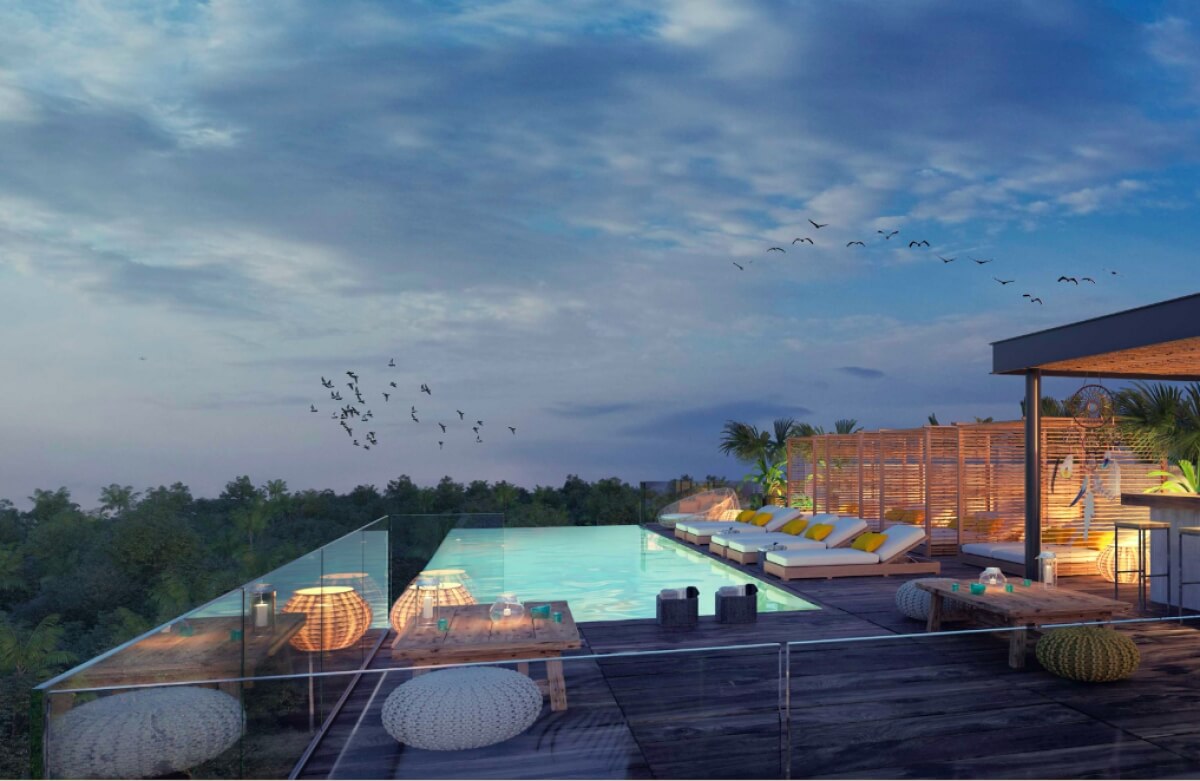 Eco-friendly penthouse, pool with multiple outdoor areas, green views, bicycle path to the beach and Hotel Zone, on Avenida Coba, for sale