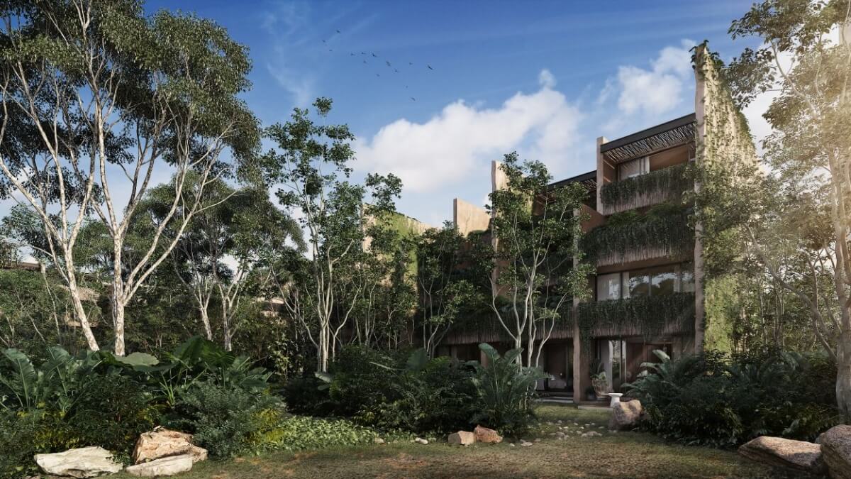 Condo with common areas surrounded by nature, near the beach in Tulum, for sale.