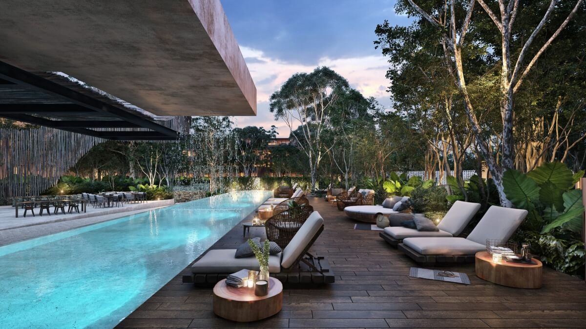 Condo with common areas surrounded by nature, near the beach in Tulum, for sale.