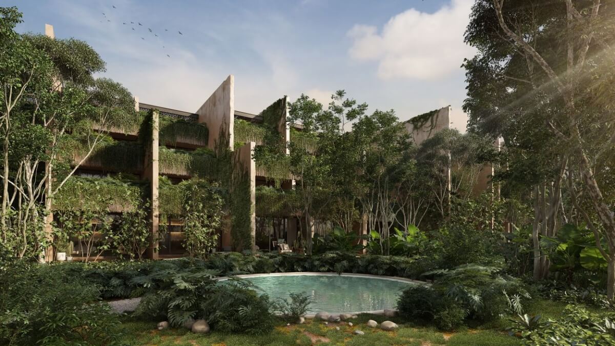Departamento en planta baja con alberca privada, acabados de lujo en Aldea Zama Tulum, venta.