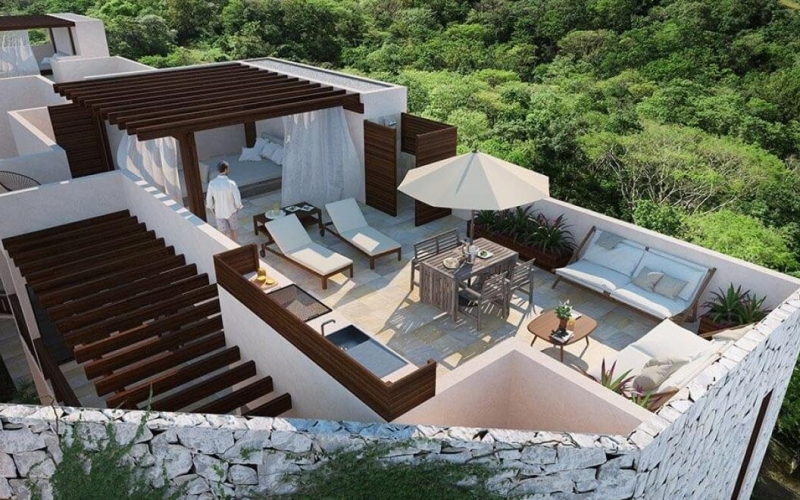 Penthouse with private pool, gym, yoga, spa, ecological technology, in Aldea Zama, Tulum, for sale.