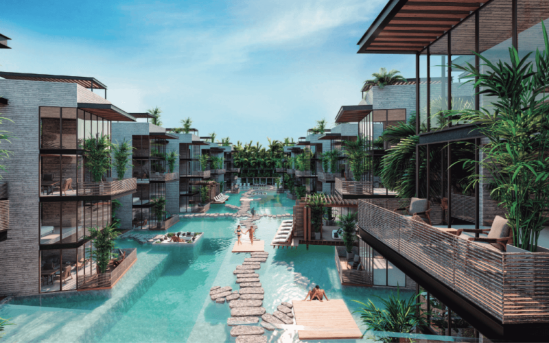 Luxury Apartment, Eco-Friendly, Outdoor amenities, large pool, green areas, cycle path to the beach and Hotel Zone, on Coba Avenue for sale