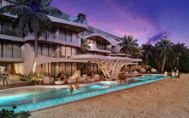 condo with oceanfront pool, pool bar, Iconic desig building, Eco friendly, for sale in Tulum.