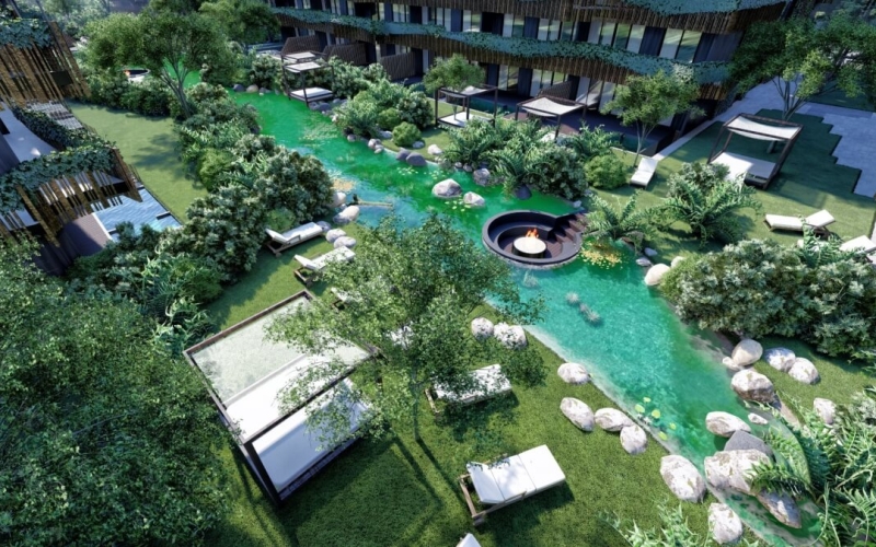 Departamento con acceso directo a la alberca (swim up), areas comunes rodeadas de naturaleza, cerca de la playa en Tulum, venta.