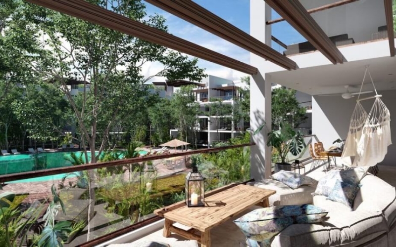 Condo in green building with luxury common areas, solar panels, jacuzzi, gym, concierge, 10 minutes from the beach, La Veleta, Tulum