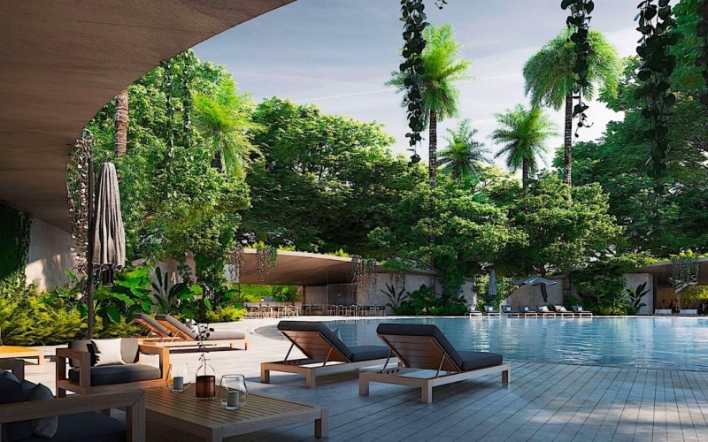 Condo with panoramic windows, surrounded by trees, 958 m2 pool, yoga, gym, swim lane, sustainable building, pre-construction, sale in Tulum