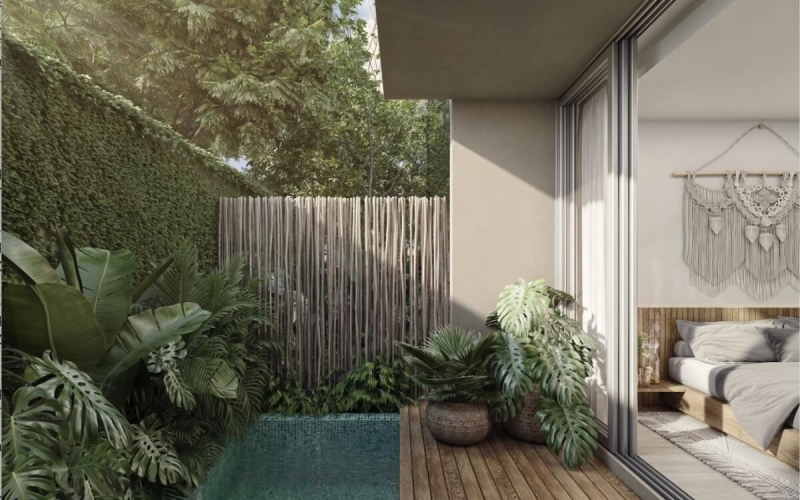 Departamento con jard&iacute;n y alberca privada, gimnasio, restaurante, area de yoga al aire libre, bicicletas, 5 minutos de la playa