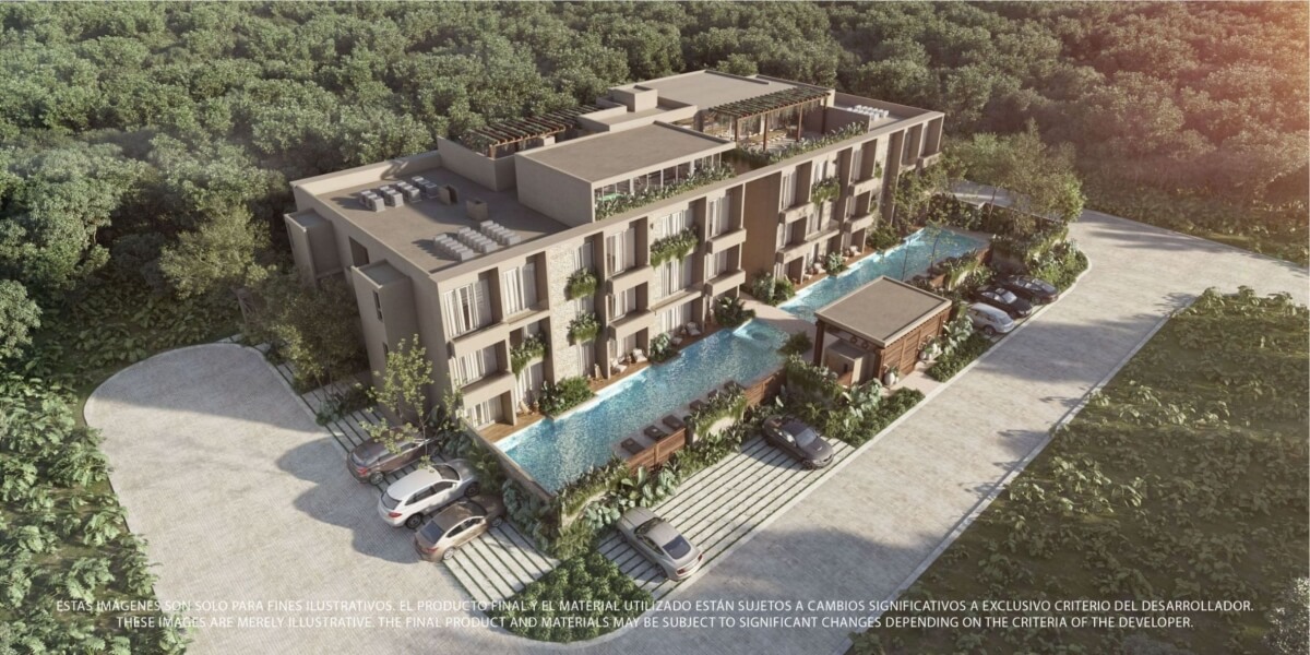 Departamento con areas comunes rodeadas de naturaleza, cerca de la playa en Tulum, venta.