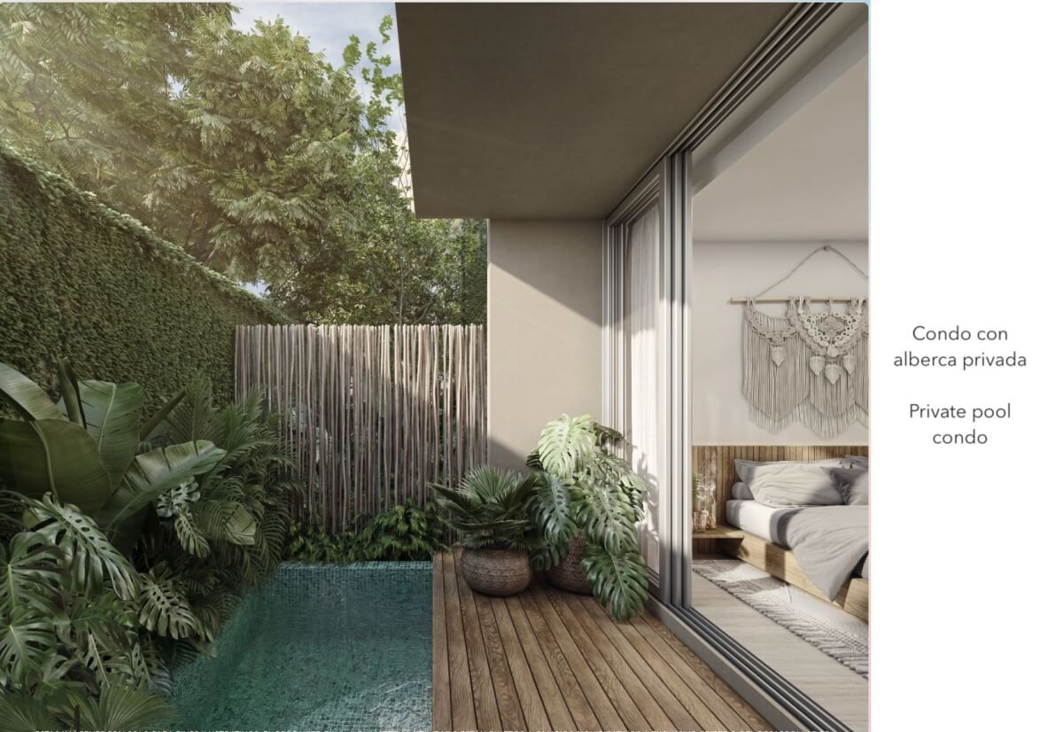 Departamento con areas comunes rodeadas de naturaleza, cerca de la playa en Tulum, venta.