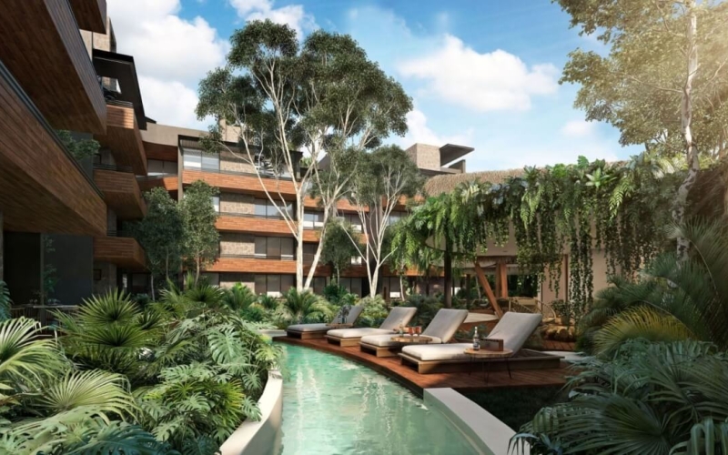 Departamento, alberca para adultos, co-working, spa, bar, gimnasio, areas verdes, en pre-construccion venta Aldea Zama Tulum.