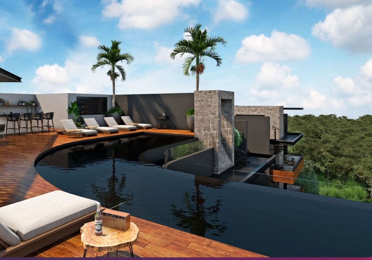 Departamento con alberca privada, roof top, asador, gimnasio, fogata, pre-construccion en venta Aldea Zama, Tulum.