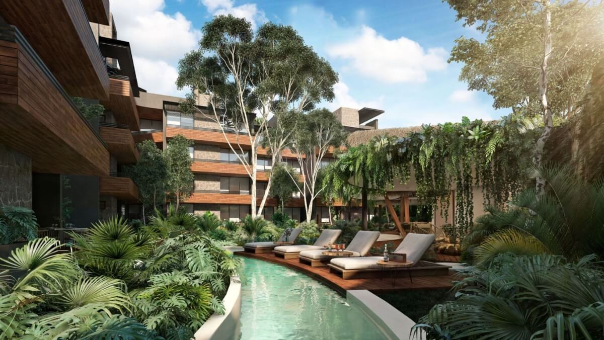 Condo with common areas surrounded by nature, near the beach in Tulum, for sale.