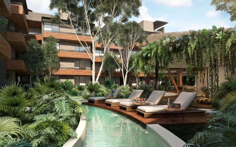 Condominium with pool for adults and rooftop bar, family pool, spa, co-working, gym, for pre-sale, Aldea Zama, Tulum.
