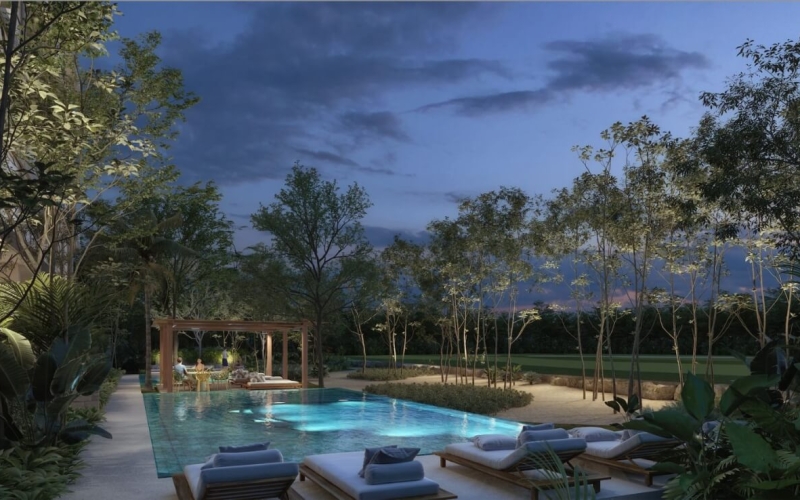 Golf course view condo with clubhouse, cenotes, beach club, parks, 2 covered parking spaces, pre-construction- sale Playa del Carmen.