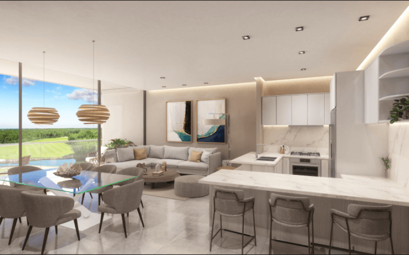 Golf course view condo surrounded by green with clubhouse, cenotes, beach club, parks, pre-construction-sale Playa del Carmen.