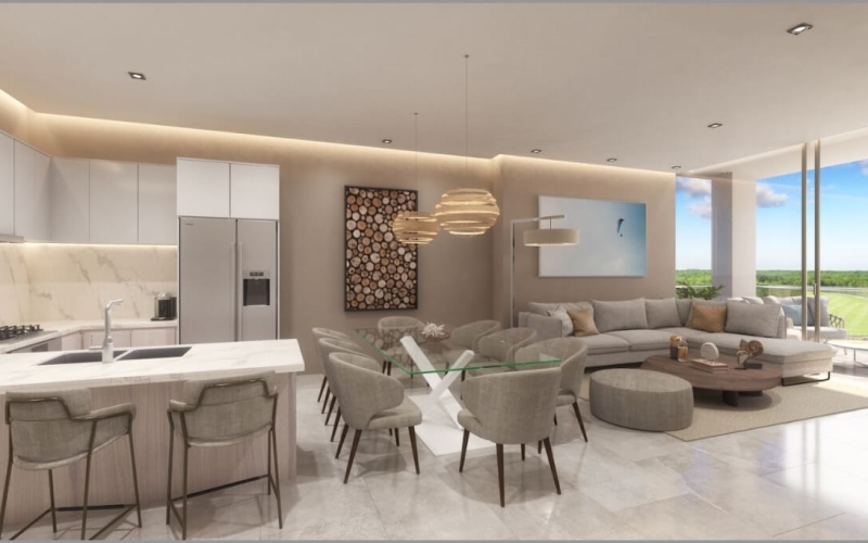 Golf course view condoiminium, service room, clubhouse, cenotes, beach club, parks, 2 covered parking spaces, pre-construction- sale Playa d