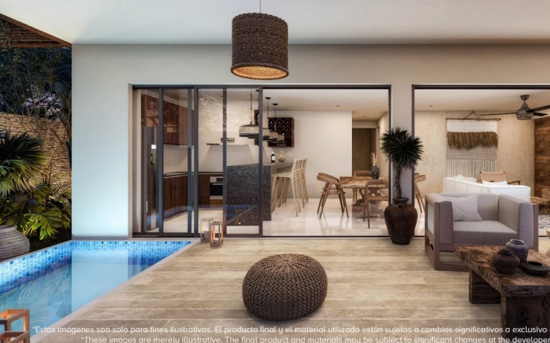 Condo with private pool and 58m2 garden, yoga area, barbecue area, 2 pools with lounge areas, pre-construction, sale Tulum.