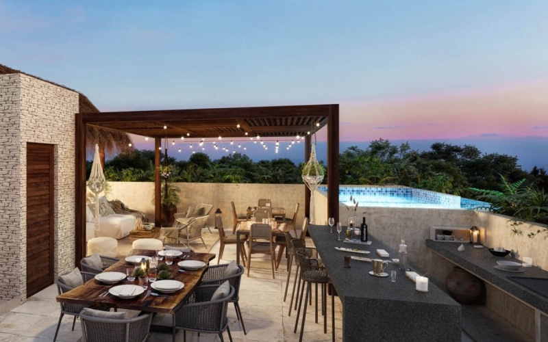 Condo with a large terrace of 35 m2, yoga area, barbecue area, 2 pools with lounge areas, pre-construction, sale Tulum.