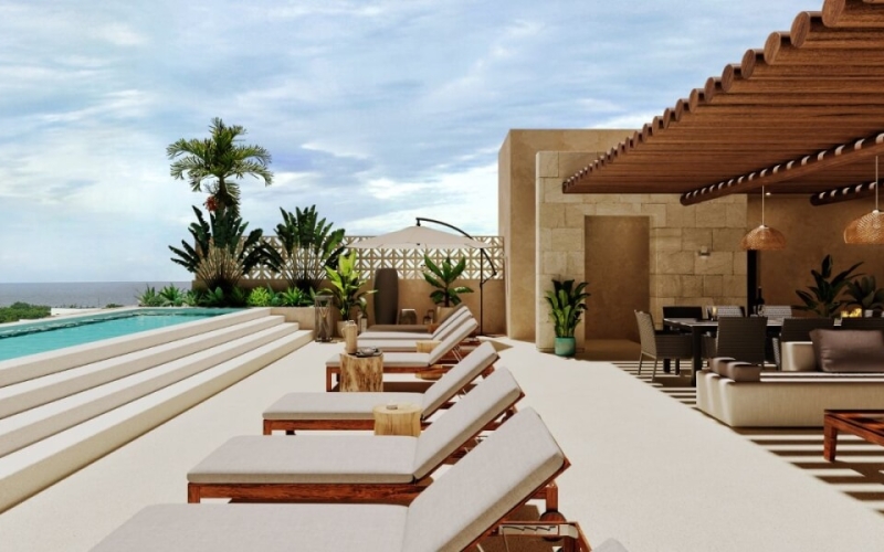 Condo with 29m2 garden, 2 terraces, ocean view pool, 200 meters from the beach, pre-construction, sale Puerto Morelos.