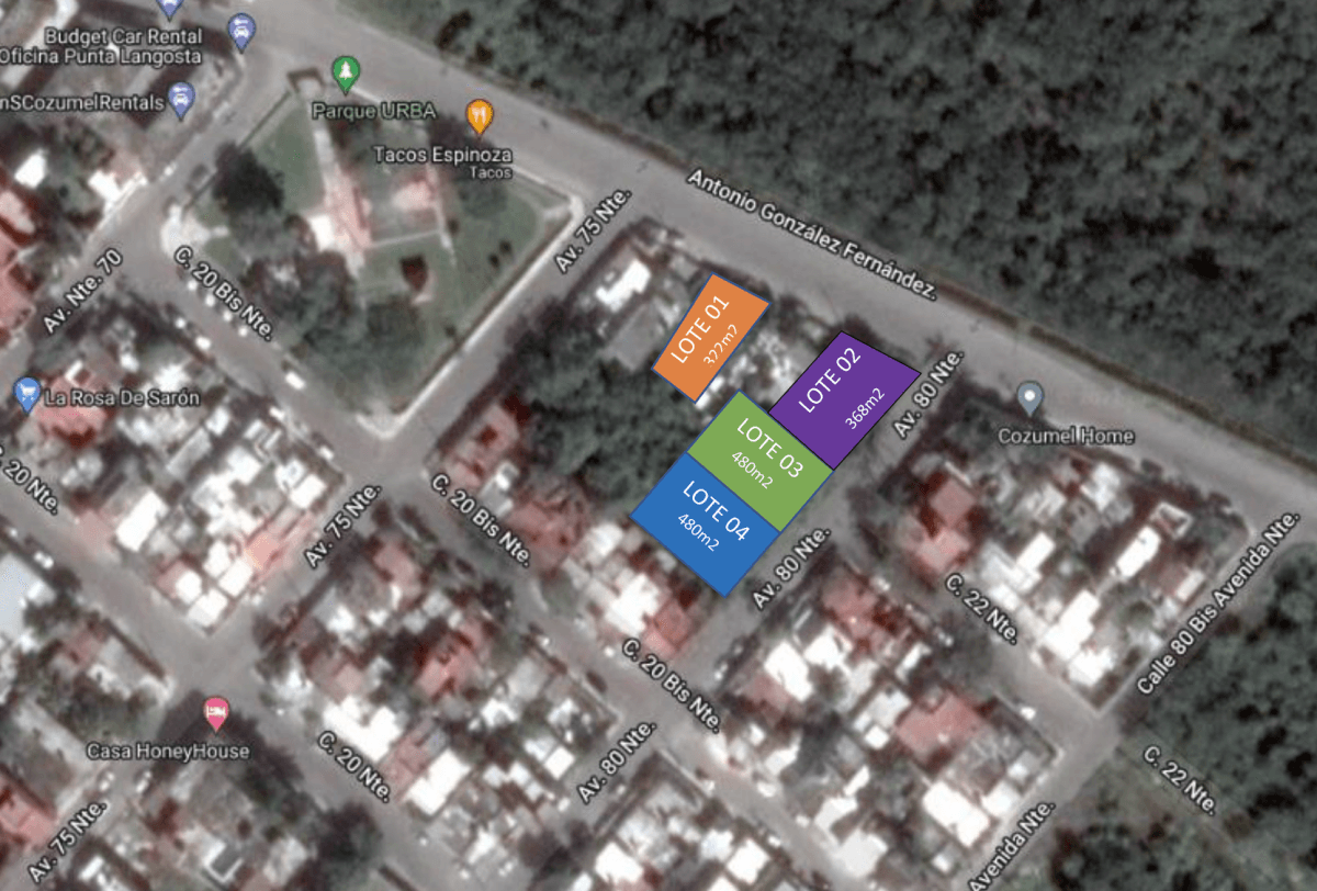 Lot 5 minutes from the beach, near the airport, 960 m2 for sale in Urba neighborhood, Cozumel.