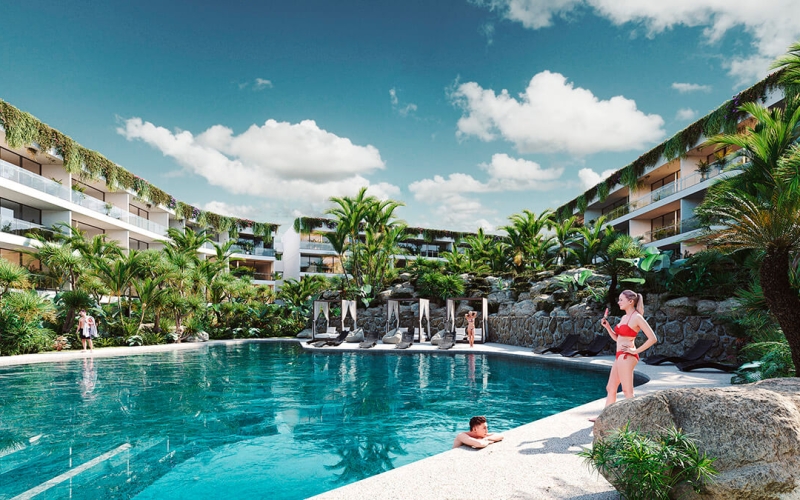 Luxury studio for sale in Playacar, 4 pools, playground for children, Pet zone, gym, clubhouse, restaurant, terrace bar, concierge and more,