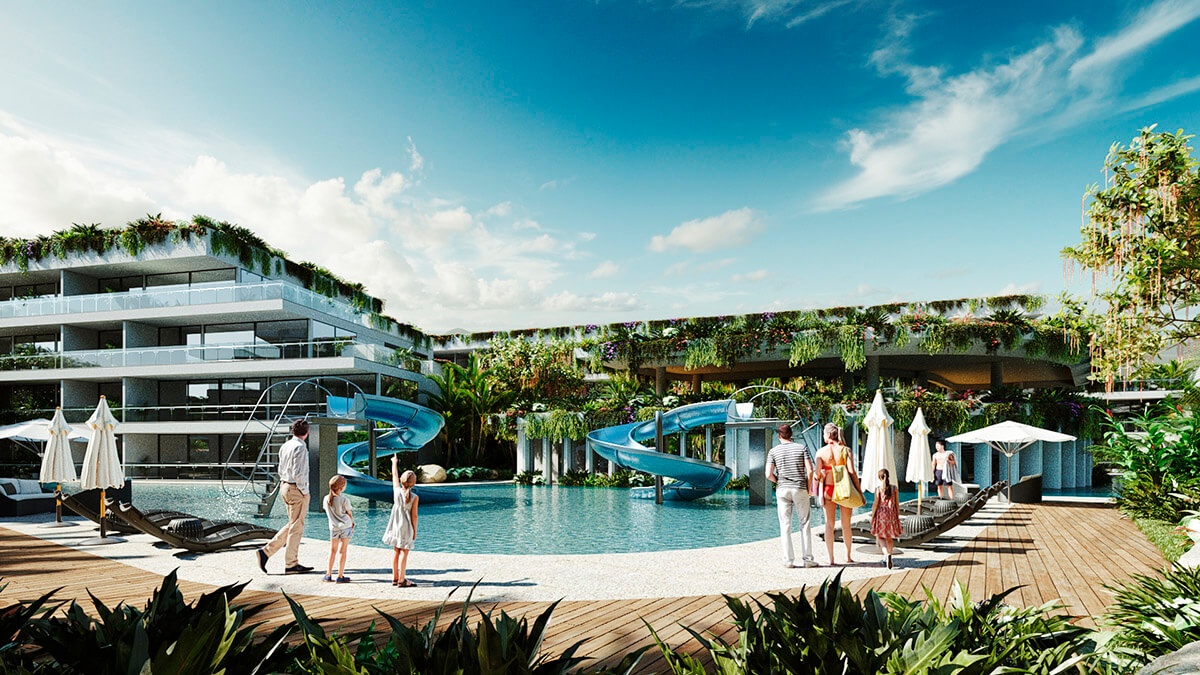 Condominium 350 meters from the sea, ocean view pool, art gallery, unique design, roof garden with jacuzzi, for sale in Playa del Carmen.