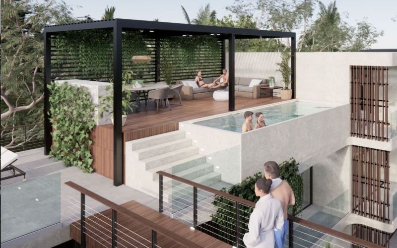 Furnished studio with 11 m2 terrace, Bio-Architecture, coworking, saline pool, zen garden, solar panels, pre-construction, sale Region 15 Tu