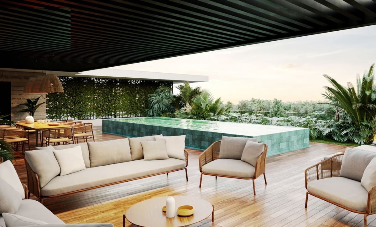 Beachfront condo with private pool, golf course, beach club, relaxing areas with hammocks, Corasol, for sale Playa del Carmen.