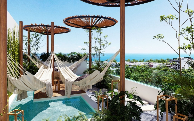 Departamento en planta baja, jardin peque&ntilde;o, Terraza con alberca, jacuzzi, gimnasio, coworking, concierge, pre-construccion, en venta, Playa