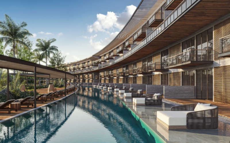 High rise condominium, with triple terrace, service room, TV room, with beach club, golf course, for sale, Corasol, Playa del Carmen, pre-co