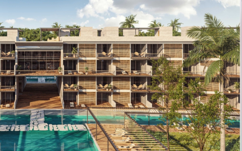Condo 2 bedrooms + study, double terrace, double height, with beach club &amp; golf course, for sale, Corasol, Playa del Carmen, pre-constructio