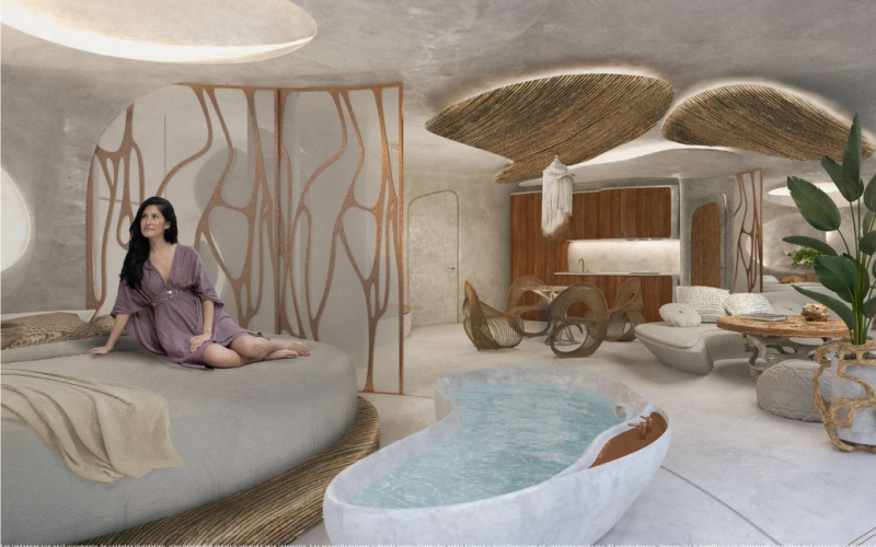 Sculpture for living, penthouse with iconic design, plunge pool, fire pit, 112 m2 terrace, spa, restaurant, art gallery, luxury hotel, for s