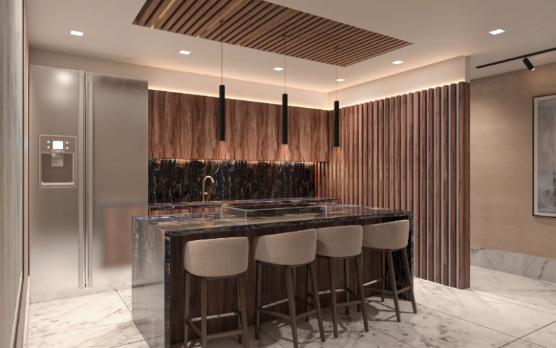 Apartamento con vista panor&aacute;mica, alberca infinity, jacuzzi, snack bar,  cuarto de servicio, pre-construccion, Puerto Cancun.