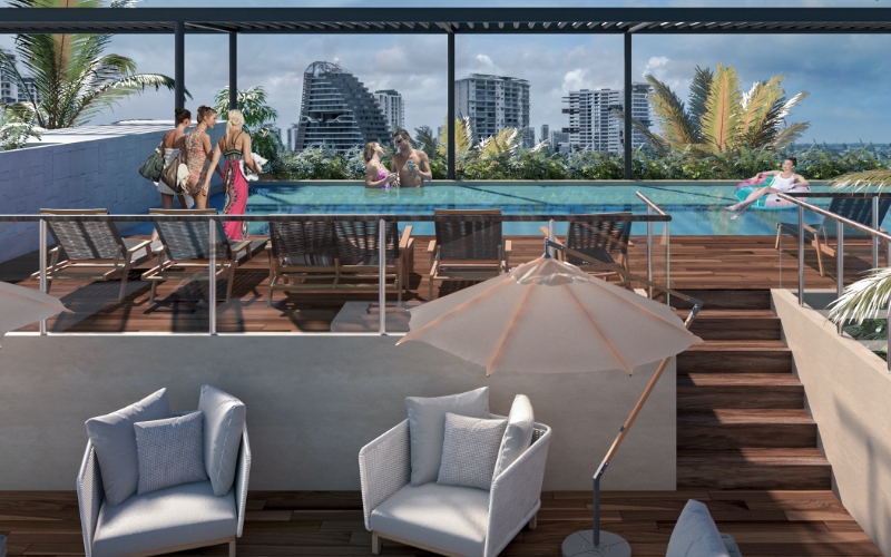 Departamento con vista panor&aacute;mica, alberca infinity, jacuzzi, snack bar,  cuarto de servicio, pre-construccion, Puerto Cancun.