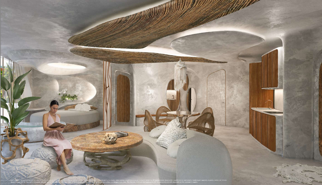 Apartment with unique design, 40 m2 terrace, spa, restaurant, art gallery, luxury hotel, for sale Tulum Hotel Zone