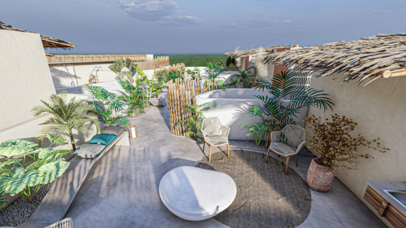 Condo with art walk, shopping area, open air cinema, hotel amenities, in Tulum, sale.