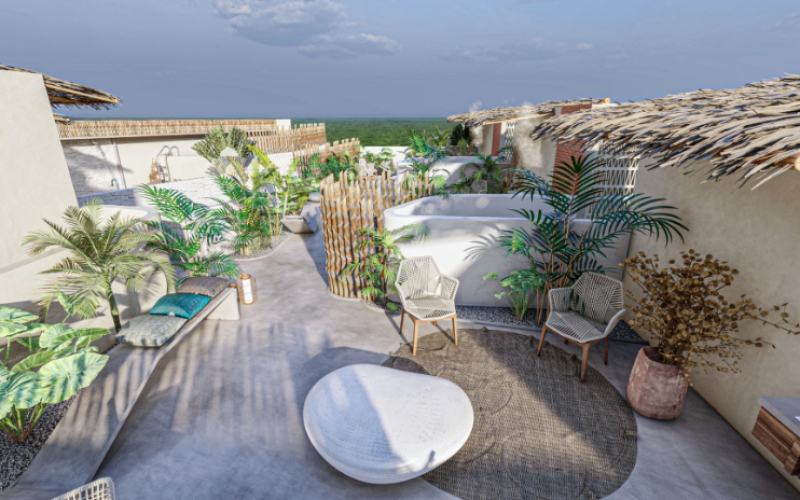 Condo with private pool, roof top, barbecue, gym, fire pit, pre-construction for sale in Aldea Zama, Tulum.