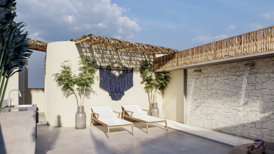 Condo with art walk, shopping area, open air cinema, hotel amenities, in Tulum, sale.