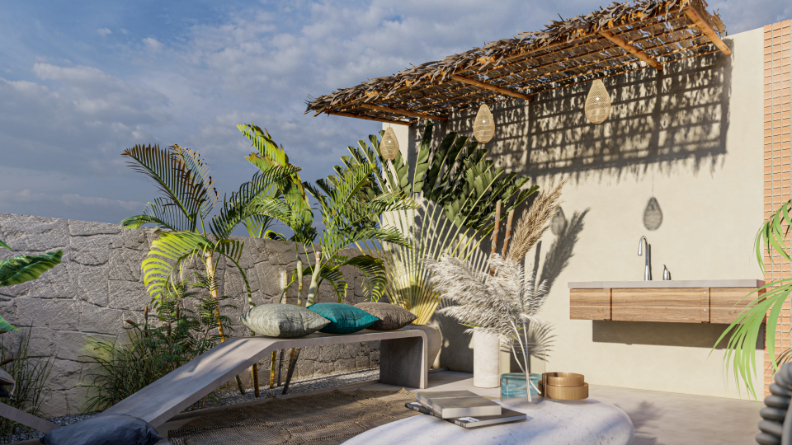 Condo with art walk, shopping area, open air cinema, hotel amenities, in Tulum, sale.