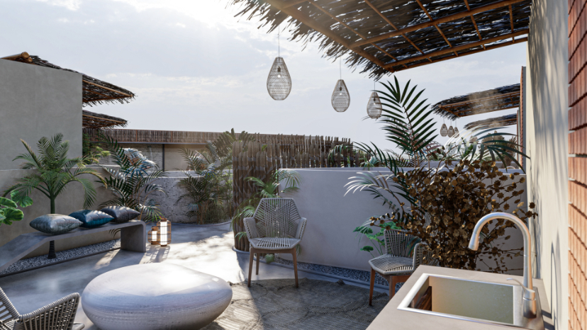 Condo with art walk, shopping area, open air cinema, hotel amenities, in Tulum, sale.