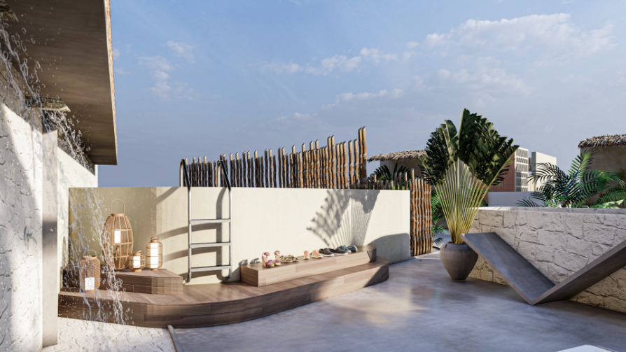 Condo with art walk, shopping area, open air cinema, hotel amenities, in Tulum, sale.