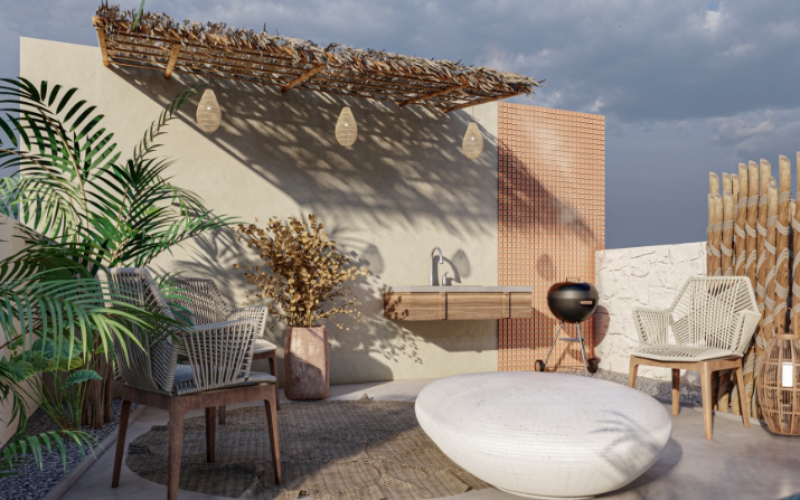 Apartment with roof top pool, barbecue, gym, fire pit, pre-construction for sale in Aldea Zama, Tulum.