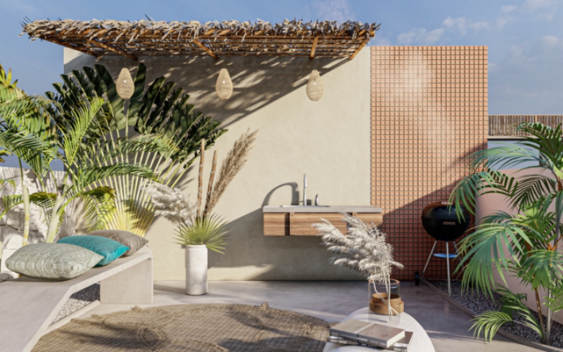 Apartment, with roof top pool, barbecue, gym, fire pit, pre-construction for sale in Aldea Zama, Tulum.