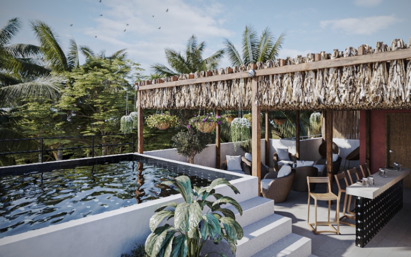 Apartment with roof top pool and grill area, hammock zone, palapa, pet friendly, pre-construction for sale in Cozumel