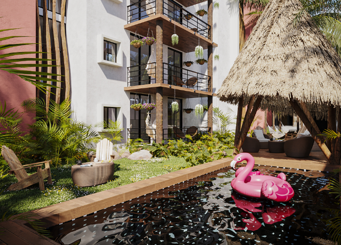 Penthouse with private Jacuzzi, near the beach, room &amp; pool service, fire pit, playground for children, hammock area, surrounded by green, 1