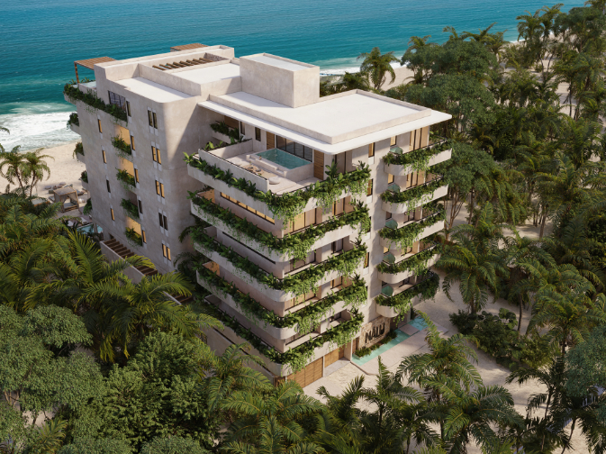 Beachfront condominium furnished with Jacuzzi, pre-construction, for sale in Puerto Morelos.