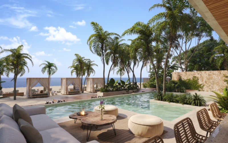 Oceanfront apartment, 2 jacuzzis, lock off system, private beach, gym, pet area, and more pre-construction, Puerto Morelos for sale.